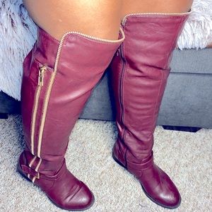 Burgundy and gold zipper over the knee boots